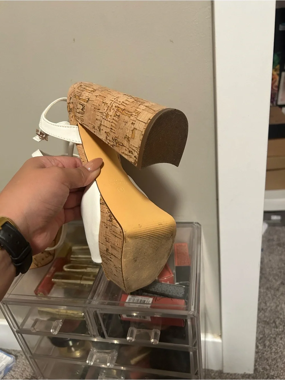 Liliana White Cork Platform Heels with Ankle Strap